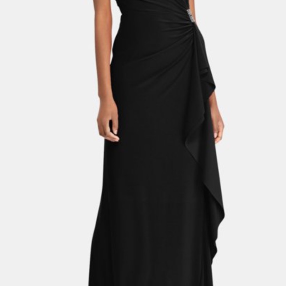 RALPH LAUREN Womens Black Cap Sleeve V Neck Maxi Sheath Formal Dress Size: 4